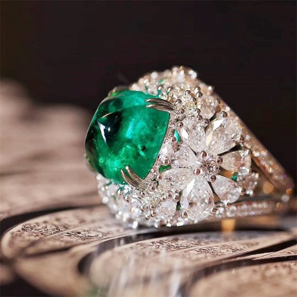 Vintage New two tone s925 simulated emerald women Ring - Picture 1 of 3